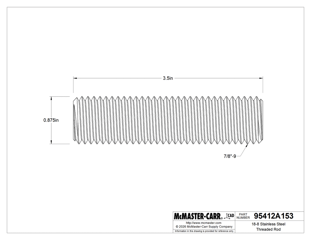Technical Drawing of 18-8 Stainless Steel Threaded Rod, 7/8"-9 Thread Size, 3-1/2" Long.